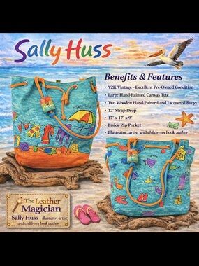 Sally Huss Large Hand Painted Beach Tote Y2K Vintage Canvas Bag Artist Piece